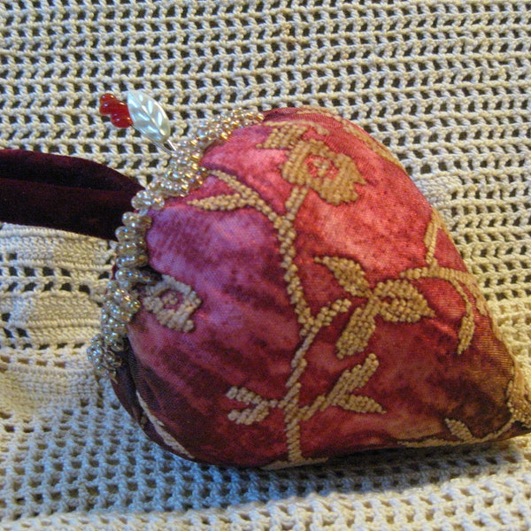 Strawberry Pincushion/ Vintage Cut Chenille Fabric/Seed Beaded Strawberry Pin Cushion/Lavender Sachet Pincushion