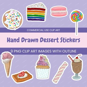 Hand Drawn Dessert PNG Sticker Set with Outline | Cute Rainbow Sweets Clipart | Ice Cream Donut Milkshake Macaron Digital Download