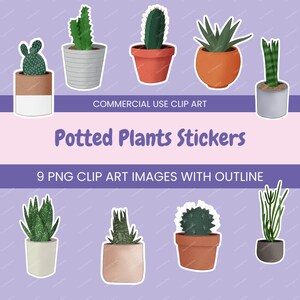 Potted Plant PNG Sticker Set | 9 Hand Drawn Houseplant Clipart with White Outline | Digital Botanical Stickers for Cricut, Printables