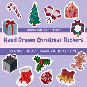 Hand Drawn Christmas Sticker Clipart Bundle • 12 Textured PNGs with White Outline • Holiday Digital Stickers for DIY & Cricut Crafts