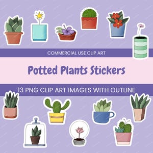 Conjunto de pegatinas PNG de plantas en maceta / 13 imágenes prediseñadas de plantas y macetas dibujadas a mano / Lindas pegatinas botánicas digitales para proyectos de impresión y manualidades