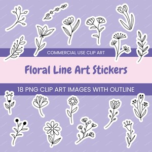 Juego de pegatinas minimalistas de arte lineal floral / 18 PNG de flores en blanco y negro con contorno / Clipart botánico digital para Cricut e imprimibles