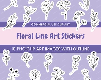 ミニマリストの花の線画ステッカー：ボタニカルPNGクリップアート（デジタルダウンロード