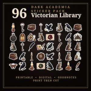 Peut inclure: Un ensemble de 96 autocollants intitulé Dark Academia Victorian Library, illustrant des hiboux, des corbeaux, des clés anciennes, des piles de livres, des sceaux de cire, des bougies, des montres à gousset et des plumes sur fond sombre.