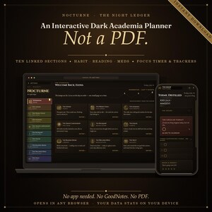 Könnte beinhalten: Ein digitaler interaktiver Planer namens Nocturne The Night Ledger auf einem Laptop- und Smartphone-Bildschirm. Die Benutzeroberfläche zeigt dunkelbraune Hintergründe mit goldenem Text, zehn verknüpfte Abschnitte und verschiedene Tracker.
