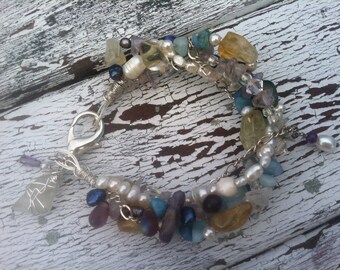 Mermaid's Treasure - beaded amethyst, aquamarine, citrine, turquoise, freshwater pearl, glass assemblage bracelet with seaglass charm