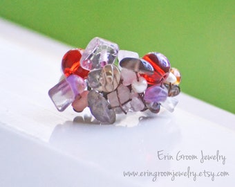 Gypsy Ring - beaded adjustable pearl rose quartz ruby glass amethyst