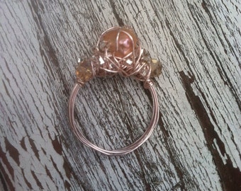 Marie Antoinette's Champagne Bubbles wire wrapped ring - rose gold, freshwater pearl, clear quartz, champagne glass stones