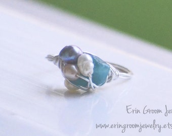 Mermaid Ring - aquamarine, clear quartz, freshwater pearl silver wrapped ring
