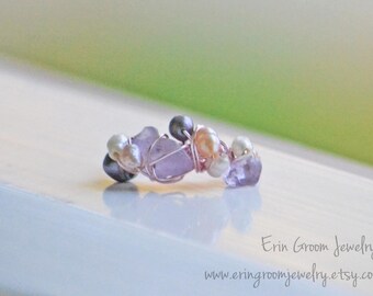 Mermaid Ring - amethyst, rose quartz, freshwater pearl rose gold wire wrapped ring.