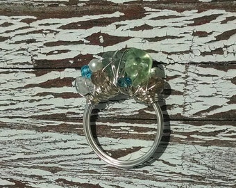 Ocean's Blessings Ring - Aqua, seafoam, rose quartz, freshwater peal silver wire wrapped ring