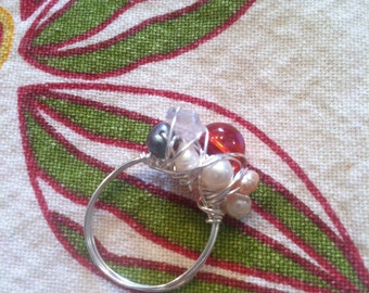 Gypsy Ring - Red glass, freshwater pearl, rose quartz silver wire-wrapped ring