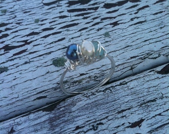 Aquamarine and Freshwater Pearl Mermaid Ring - aquamarine and freshwater pearl wire wrapped ring