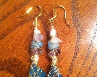 Mermaid's treasure wire-wrapped earrings - custom made -  freshwater pearl, amethyst and clear quartz, seaglass