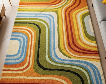 Hand Tufted Rug, Green And Orange, Retro Wavy Wool