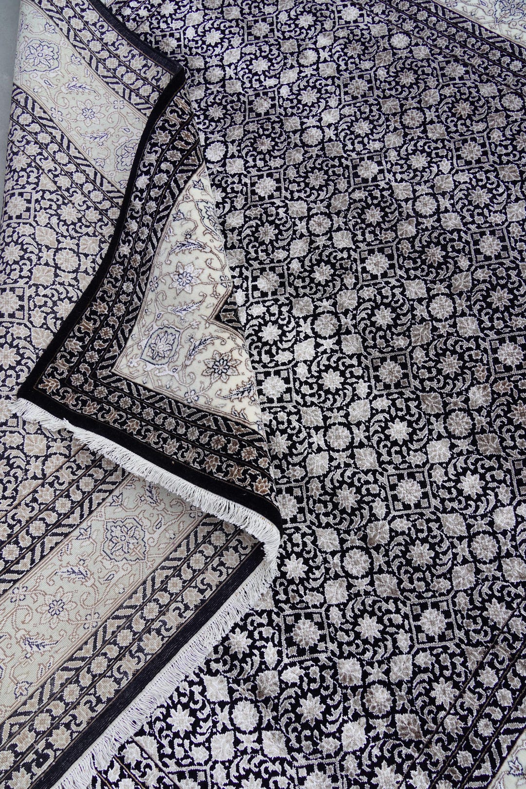 7x7 Square Area Rug, Hand Knotted Wool, Black Ivory, Geometric Floral ...