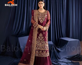 Pakistansk rödbrun sharara-klänning, broderad organzaklänning, pakistansk bröllopsoutfit, festkostym med sharara-mönster, 3-delad formell kostym