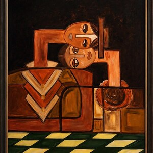 May include: An oil painting in a dark frame depicting two stylised figures with tan skin tones and dark hair. The figures are positioned above a brown geometric structure with chevron patterns and a green and yellow checkered floor pattern.