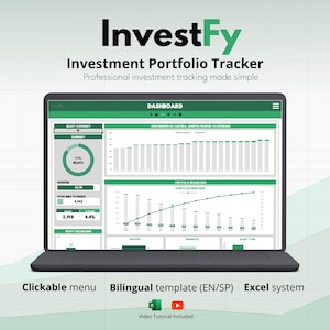 以下が含まれることがあります： InvestFy Investment Portfolio Trackerのダッシュボードを表示するラップトップ。画面には、緑色のアクセントが付いたチャートとグラフが表示されます。テキストには「Dashboard」、「Clickable menu」、「Excel system」が含まれています。