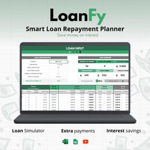May include: A laptop displays a loan repayment planner interface with the text "LoanFy" and "Smart Loan Repayment Planner." The screen shows loan details and financial summaries. The background features money graphics.
