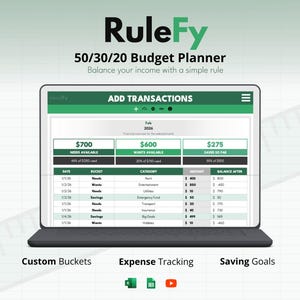 Puede incluir: Una computadora portátil muestra la interfaz "RuleFy 50/30/20 Budget Planner". La pantalla muestra un desglose del presupuesto con categorías como Necesidades, Deseos y Ahorros. La interfaz incluye el texto "Add Transactions", "Custom Buckets", "Expense Tracking" y "Saving Goals".