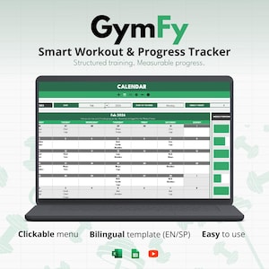 May include: A laptop screen shows a workout calendar with the "GymFy" logo. The screen displays a structured training program for February 2024. The image includes the text "Smart Workout & Progress Tracker" and "Clickable menu Bilingual template (EN/SP) Easy to use."