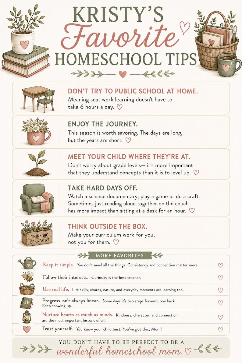 May include: An informational graphic titled KRISTY'S FAVORITE HOMESCHOOL TIPS. It features illustrations of books, a basket, a desk, a plant, a chair, and a crate with the text THINK BIG BE CREATIVE. The text provides advice on homeschooling.