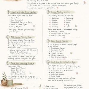 May include: A printed instructional guide titled A Note From Kristy for a homeschool planner. The document features six numbered steps for organizing pages, monthly sections, and records, decorated with illustrations of books, mugs, and hearts.