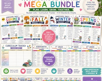 Pacchetto completo stampabile per famiglie che praticano l'istruzione domiciliare / Tabelle degli standard K-6 / Liste di attività stagionali + Strumento di monitoraggio del curriculum / Download in PDF