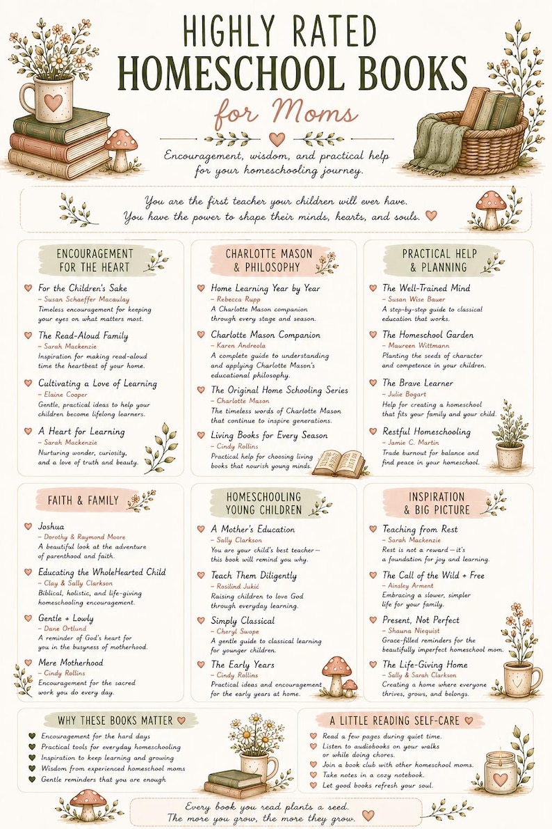 May include: A list titled Highly Rated Homeschool Books for Moms featuring categories like Encouragement for the Heart, Charlotte Mason & Philosophy, and Practical Help & Planning. The graphic includes illustrations of books, mugs, and mushrooms.
