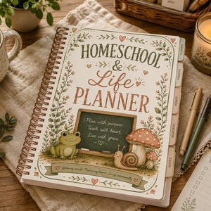 Puede incluir: Una agenda de espiral Homeschool & Life Planner con cubierta color crema que muestra una rana verde, un caracol y setas. El texto dice: Homeschool & Life Planner, Plan with purpose, Teach with heart, Live with grace, Growing minds, Nurturing hearts, Living intentionally.