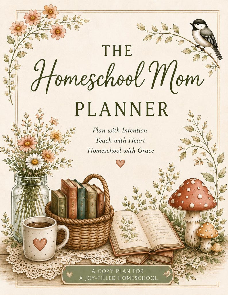 May include: A planner cover titled The Homeschool Mom Planner with the text Plan with Intention, Teach with Heart, Homeschool with Grace, and A Cozy Plan for a Joy-Filled Homeschool. It features illustrations of flowers, a bird, books, a basket, and mushrooms.