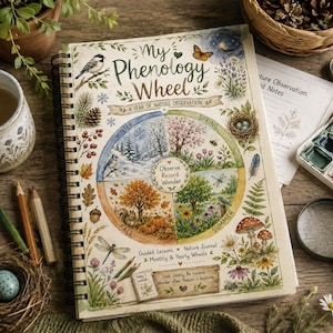 Könnte beinhalten: Ein spiralgebundenes Journal mit dem Titel My Phenology Wheel: A Year of Nature Observation. Das Cover zeigt ein kreisförmiges Diagramm, das in vier Jahreszeiten unterteilt ist, mit detaillierten Aquarellillustrationen von Pflanzen, Tieren und Insekten.