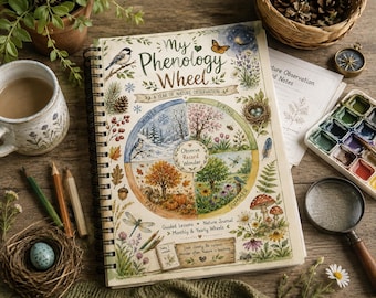 May include: A spiral-bound journal titled My Phenology Wheel: A Year of Nature Observation. The cover features a circular diagram divided into four seasons with detailed watercolor illustrations of plants, animals, and insects, plus text.