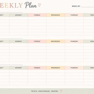May include: A weekly planner template featuring three sections labeled CHILD, each with columns for SUBJECT, MONDAY, TUESDAY, WEDNESDAY, THURSDAY, and FRIDAY. The top header reads WEEKLY Plan with a heart icon, and the bottom footer reads TEACH. ENCOURAGE. INSPIRE.