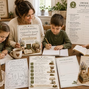 Puede incluir: Un paquete de planificador de educación en casa imprimible que incluye una guía titulada Cultivating a Charlotte Mason Homeschool, una tabla de contenido, páginas de diario para estudiantes, un diario de naturaleza y una hoja de orden y simplicidad.