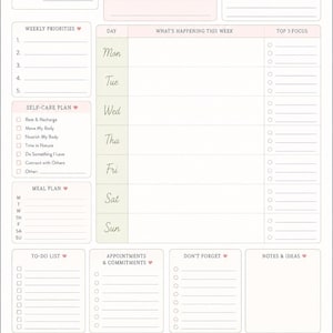 May include: A weekly planner sheet titled MY WEEK at a Glance with sections for intentions, gratitude, priorities, self-care, meal planning, to-do lists, appointments, notes, and reflection. The design features soft pink and green accents.