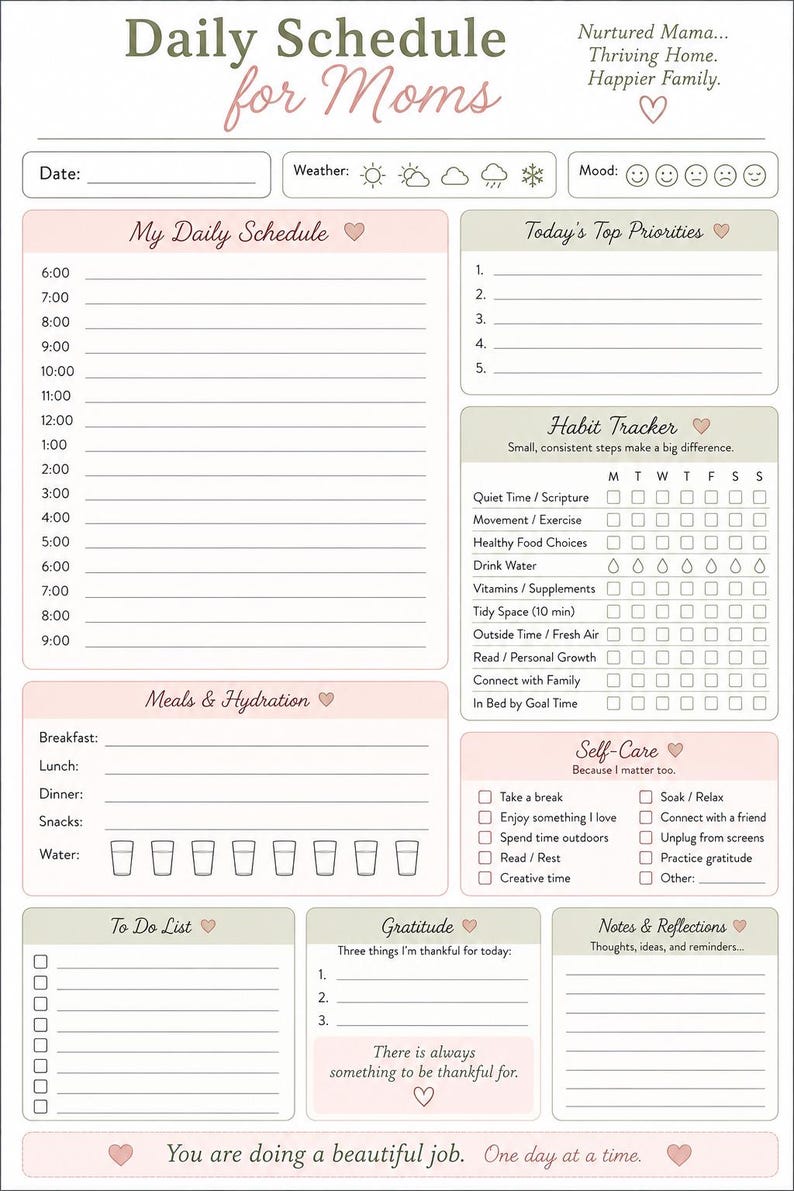 May include: A daily schedule planner sheet with a white background, featuring sections for date, weather, mood, daily schedule, priorities, habit tracker, meals, hydration, to-do list, gratitude, and notes, with pink and sage green accents.