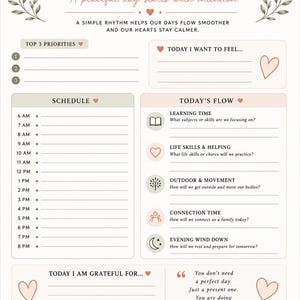 May include: A daily planner sheet titled DAILY RHYTHM with sections for Top 3 Priorities, Today I Want To Feel, Schedule from 6 AM to 8 PM, Today's Flow, and Today I Am Grateful For. It features heart icons, floral accents, and inspirational text.