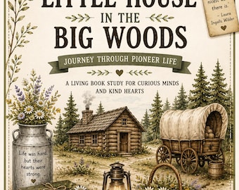 May include: A book cover titled Little House in the Big Woods by Honey Hill Co-op. The illustration features a log cabin, a covered wagon, a metal milk can with flowers, a stack of books, a lantern, and a basket of daisies on a cream background.