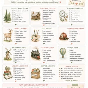 May include: A Field Trip Ideas checklist poster featuring watercolor illustrations of nature, history, science, animals, arts, community helpers, industry, transportation, and fun activities. Includes a planning section and tips for success.