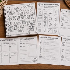 May include: A spiral-bound science activity book titled My Science and Copy Book, accompanied by several loose-leaf worksheets featuring black and white line art illustrations, text prompts for electricity scavenger hunts, weather tracking, and plant observation.