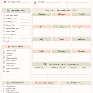May include: A Homeschool Year at a Glance planner page with sections for school year, goals, important dates, monthly overview, focus areas, curriculum, yearly checklist, and notes. The design features soft beige, pink, and green floral accents.