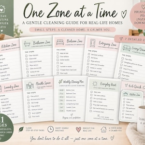 Puede incluir: Una guía de limpieza imprimible titulada One Zone at a Time que incluye 21 páginas de listas de verificación, horarios y tarjetas rápidas. Los documentos incluyen secciones para cocina, baño, dormitorio, entrada, sala, comedor y lavandería.