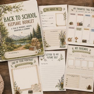 Puede incluir: Un cuaderno de recuerdos Back to School con encuadernación en espiral y una ilustración de bosque y montaña en la portada, acompañado de varias hojas de actividades que incluyen All About Me, My Favorites This Year, My Friends y Letter to My Future Self.