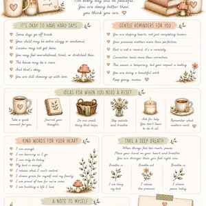 May include: A printed poster titled Encouragement for Hard Days featuring illustrations of flowers, books, a bird, mushrooms, and mugs. The text provides gentle reminders, reset ideas, and affirmations for parents, with blank lines for personal notes.