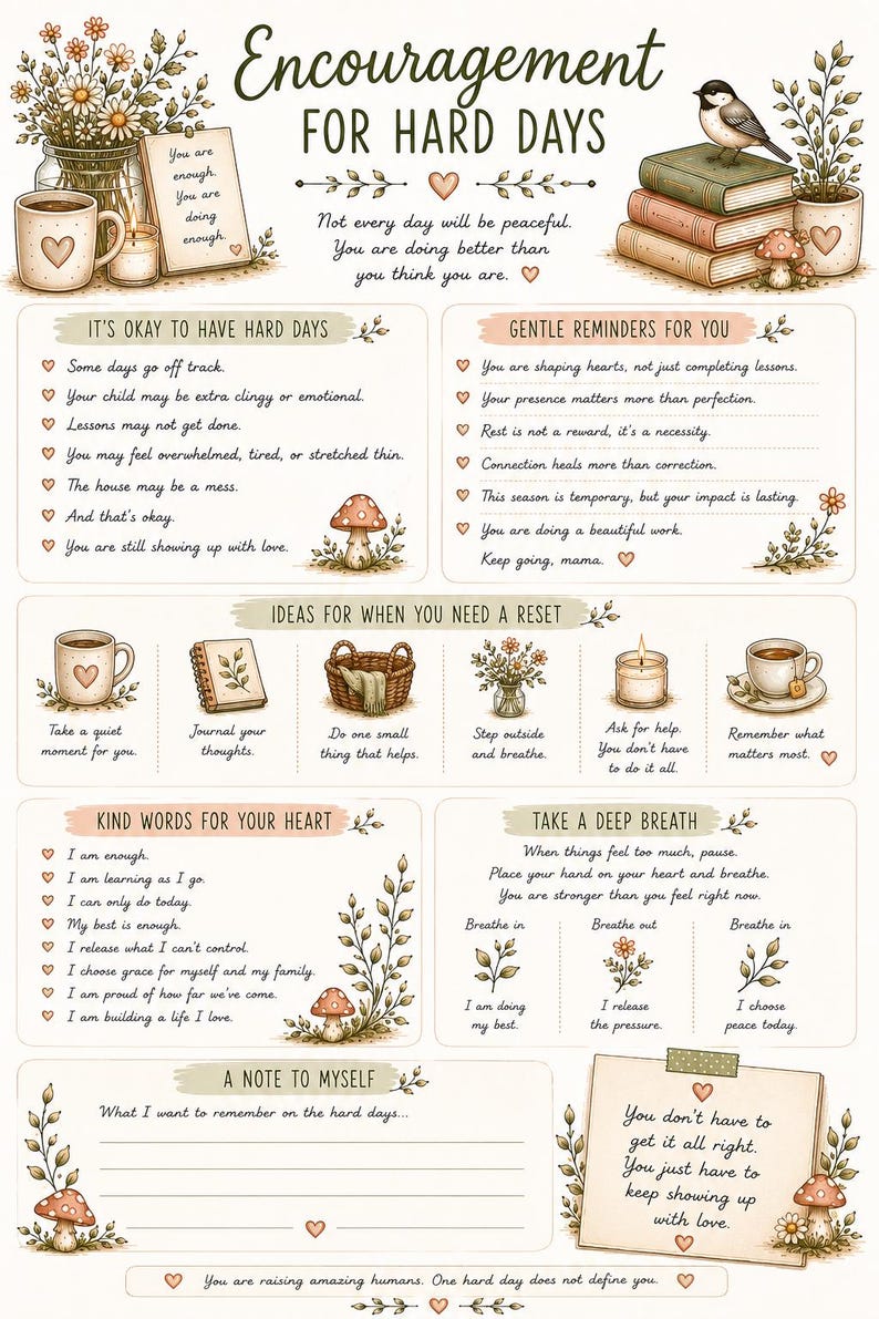 May include: A printed poster titled Encouragement for Hard Days featuring illustrations of flowers, books, a bird, mushrooms, and mugs. The text provides gentle reminders, reset ideas, and affirmations for parents, with blank lines for personal notes.