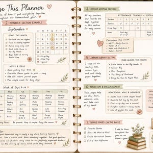 May include: A spiral-bound planner open to two pages titled How I Use This Planner, featuring sections for monthly goals, weekly schedules, attendance trackers, and learning logs. The pages include handwritten text, checklists, and small illustrations of mugs, books, and plants.