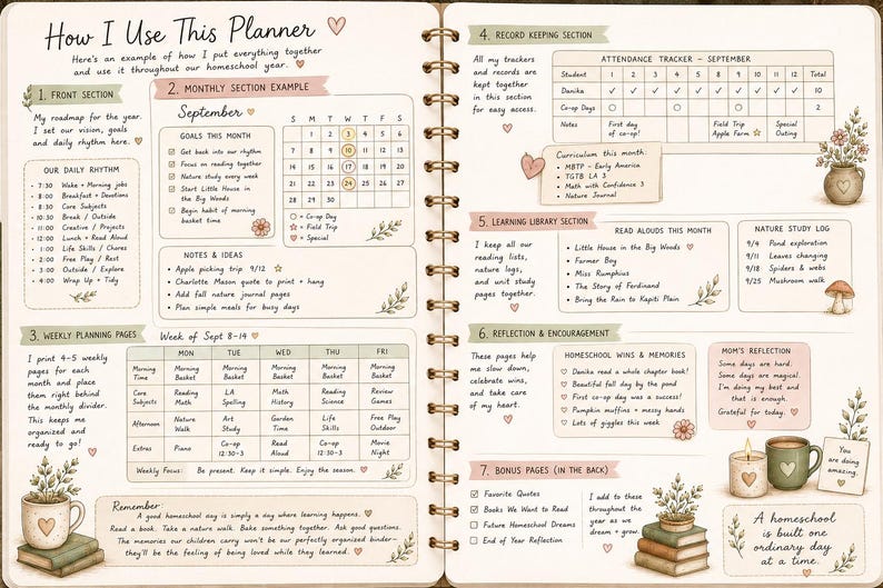 May include: A spiral-bound planner open to two pages titled How I Use This Planner, featuring sections for monthly goals, weekly schedules, attendance trackers, and learning logs. The pages include handwritten text, checklists, and small illustrations of mugs, books, and plants.