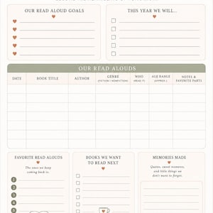 May include: A Read Aloud Tracker printable sheet with a cream background and dark text. It features sections for goals, a reading log table, favorite books, a to-read list with a stack of books illustration, memories, and a Dr. Seuss quote.